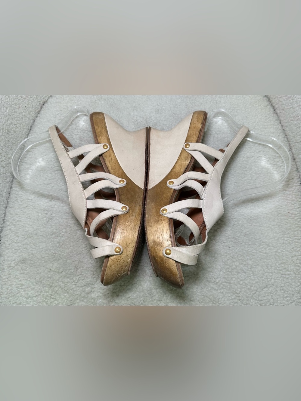 Leifsdottir Vintage Anthropologie Ivory Leather Wood Platform Wedge Strappy 9 - Picture 6 of 12